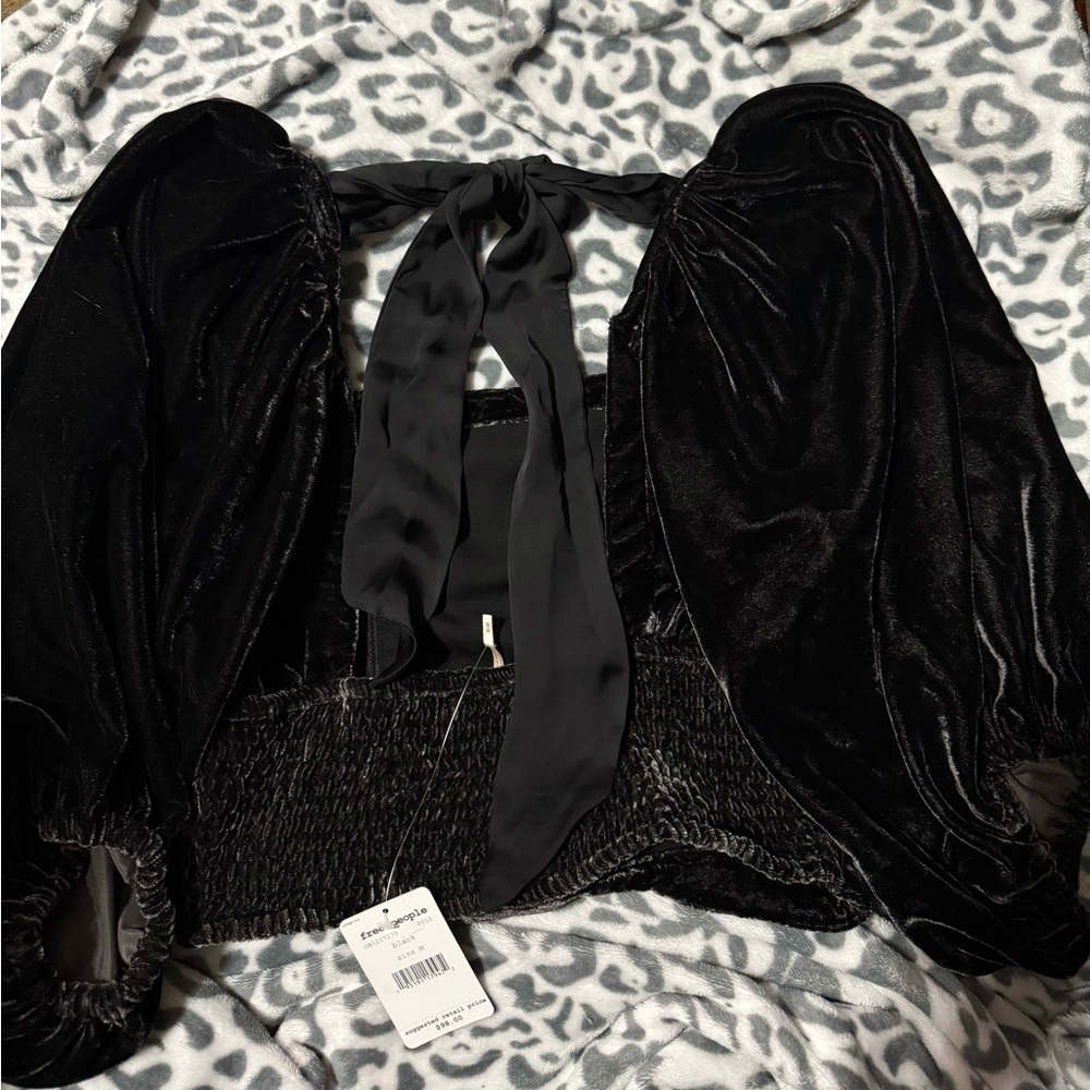NWT Free People Velvet Marie Pouf Black Crop Top Open Back Balloon Sleeve - Picture 6 of 7